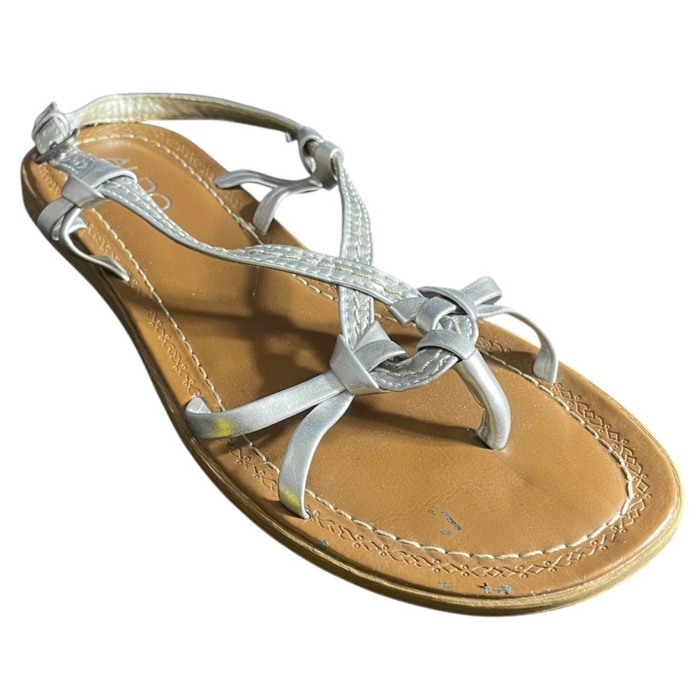 Aldo Silver Leather Sandals 7.5 EU 38 Strappy Thong Flat Shoes Metallic Twisted